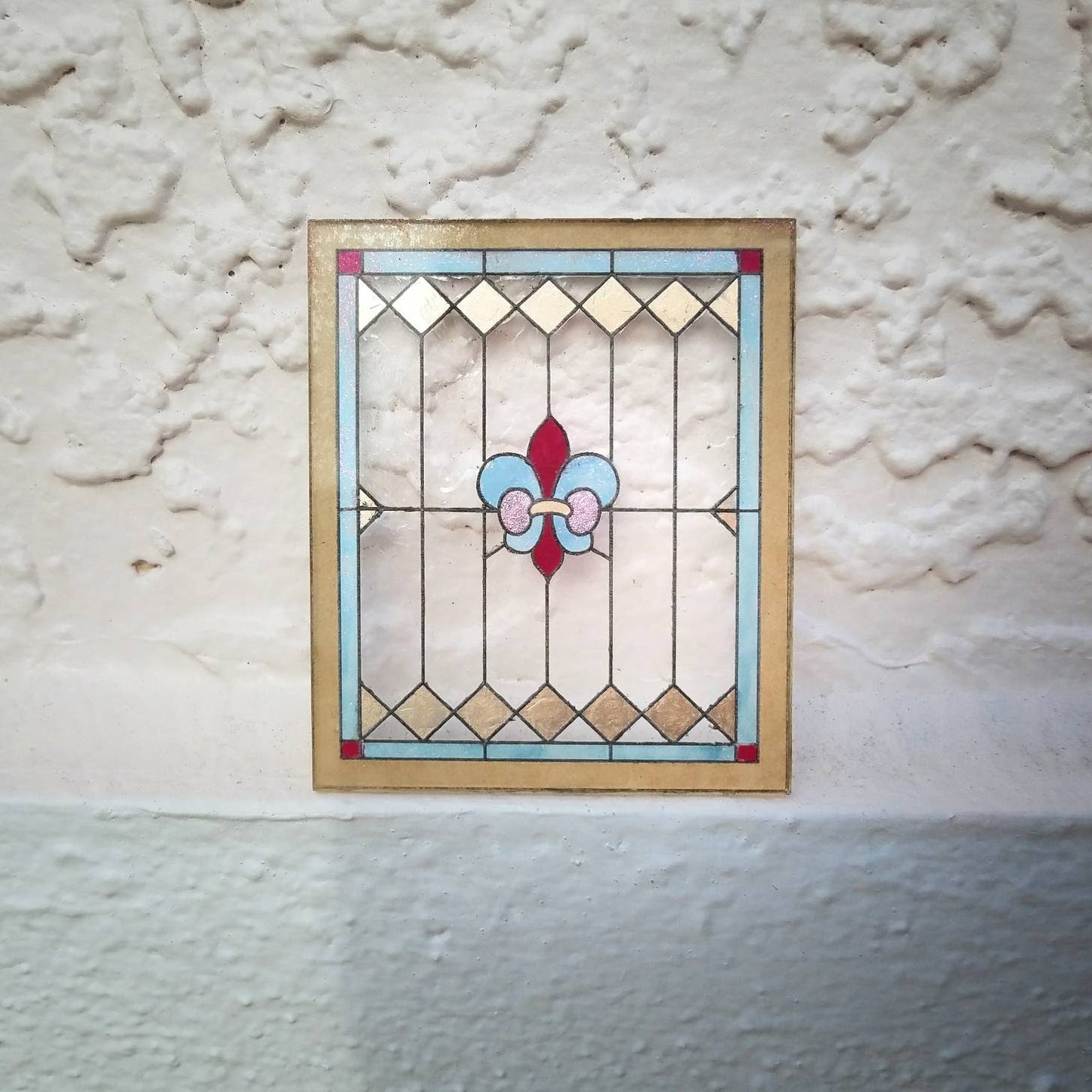 Miniature Stained Glass window with Fleur de Lys detail