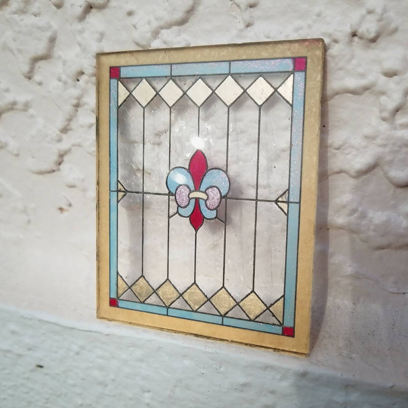 Miniature Stained Glass window with Fleur de Lys detail