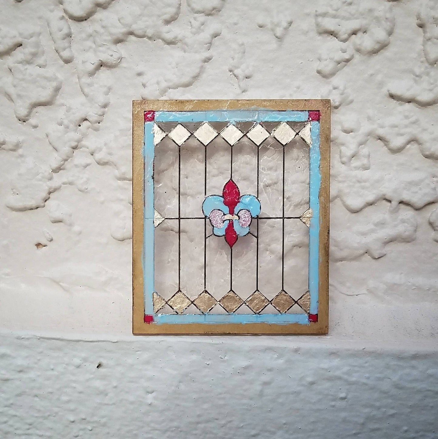 Miniature Stained Glass window with Fleur de Lys detail